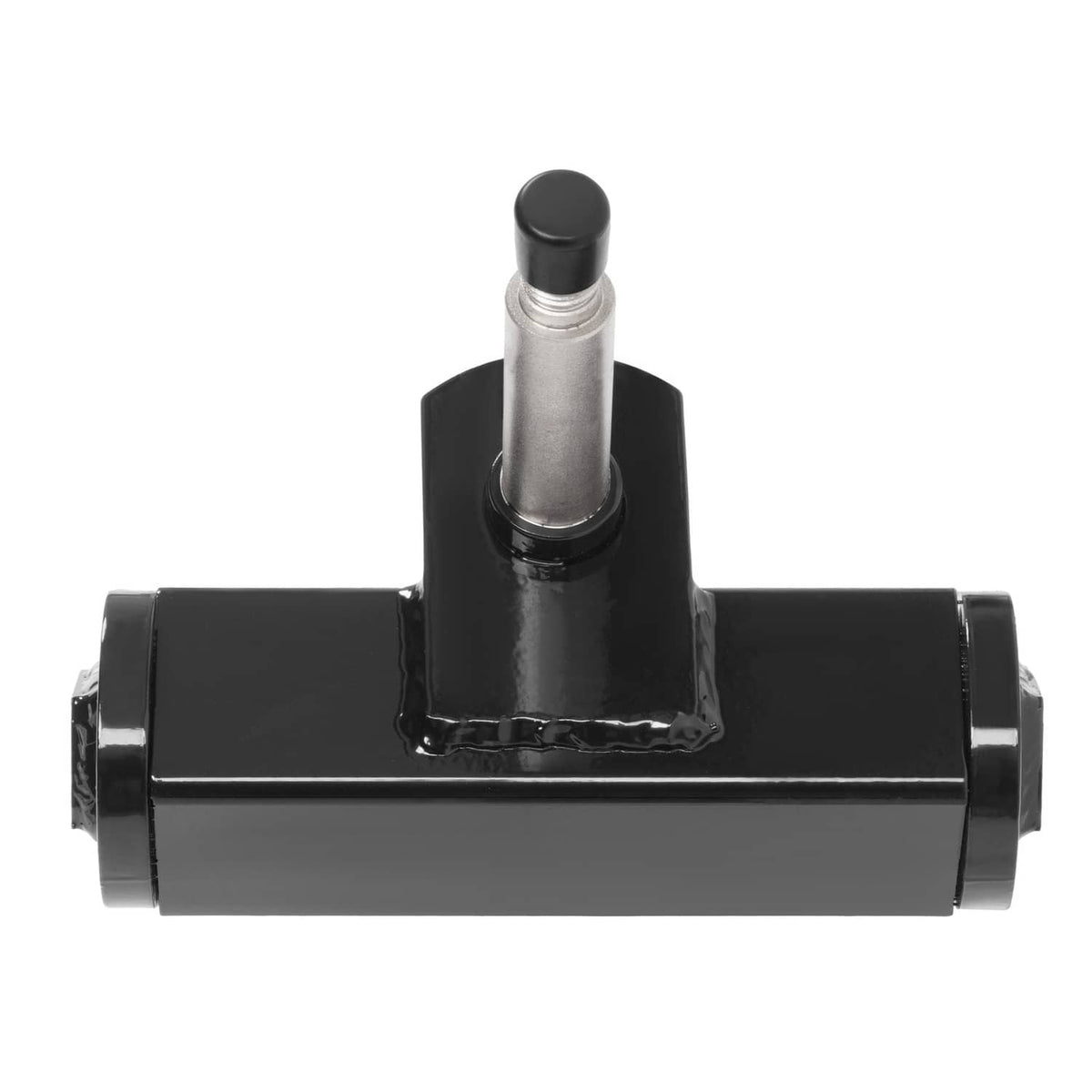 Black metal mower fork with mounting pin and bushing
