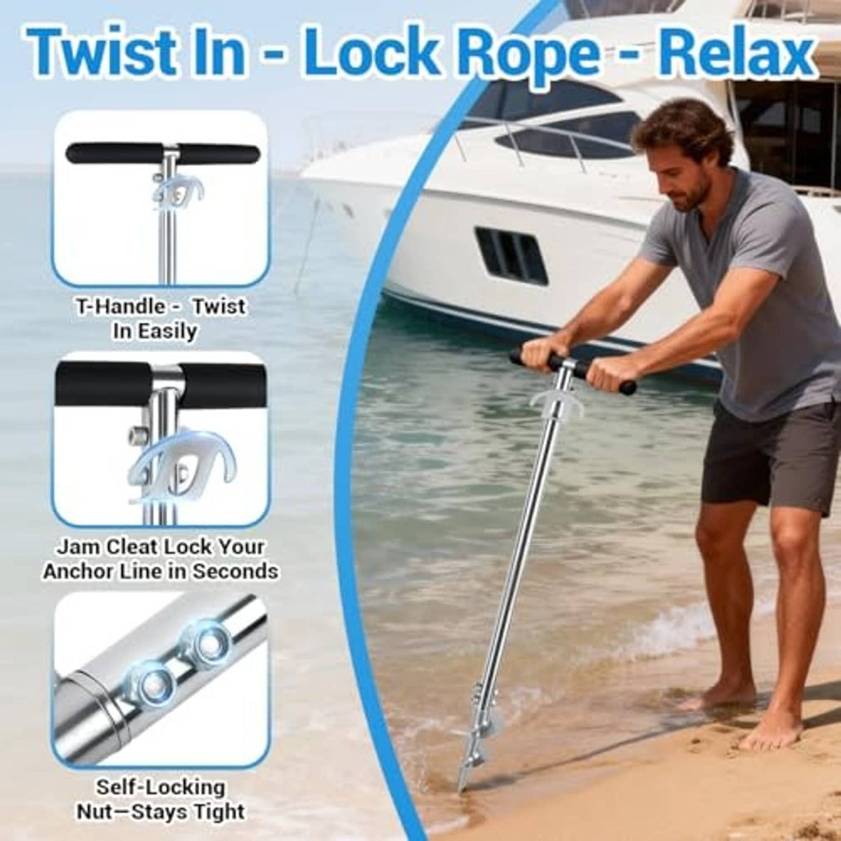 Self-locking screw-in anchor pole with black T-handle and helical tip