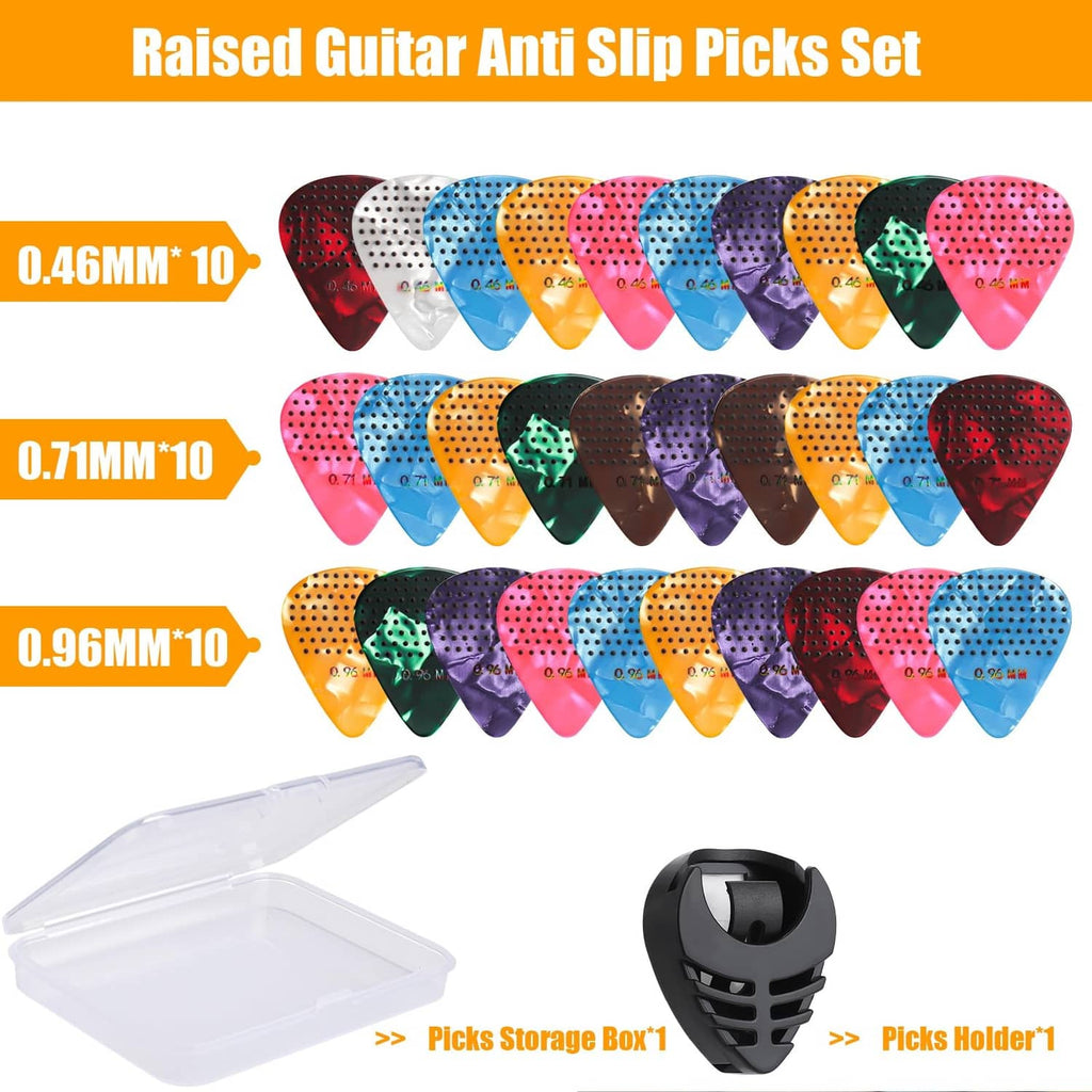 Raised-dot non-slip guitar picks 10-pack set with storage box and pick holder, assorted colors.
