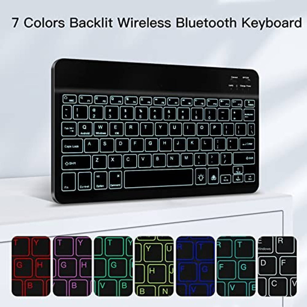 Backlit Bluetooth keyboard case with multicolor illuminated keys and trackpad