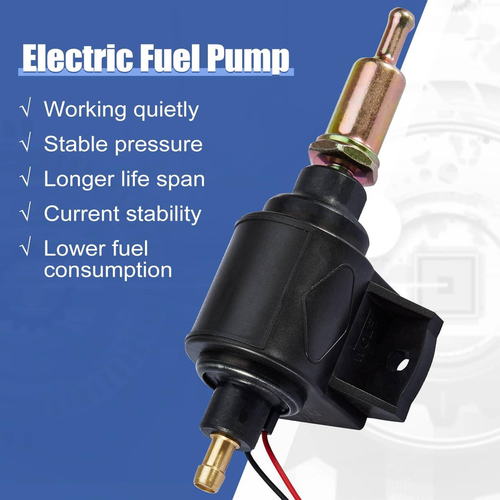 Compact electric fuel pump with black housing, brass outlet, and red/black wires
