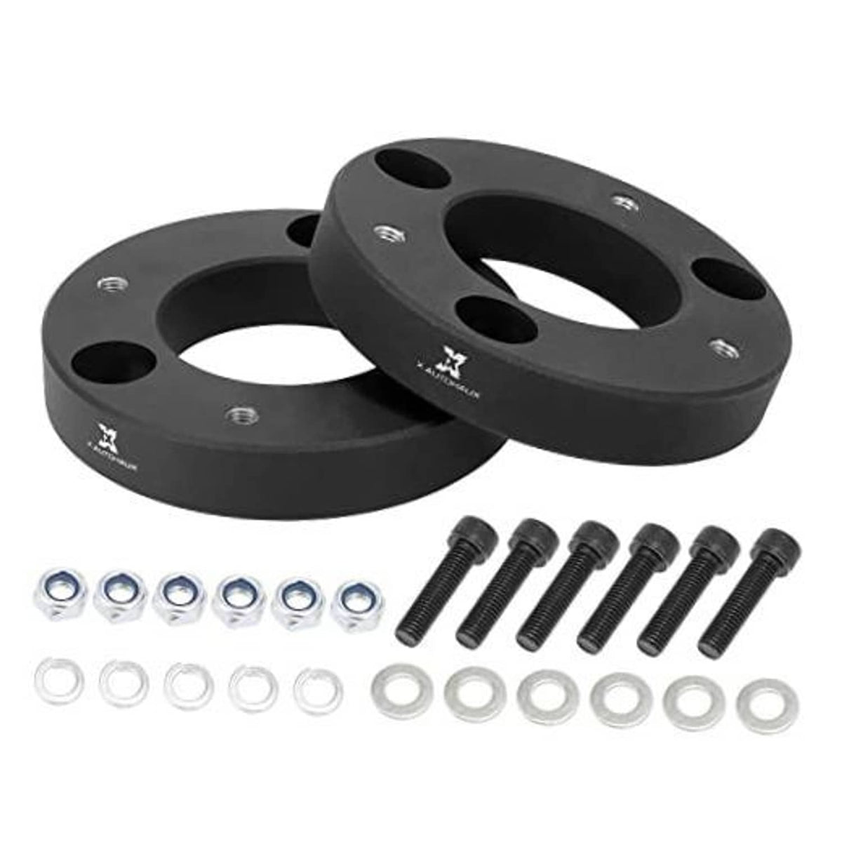 Pair of black front leveling lift spacers with mounting bolts and washers hardware kit