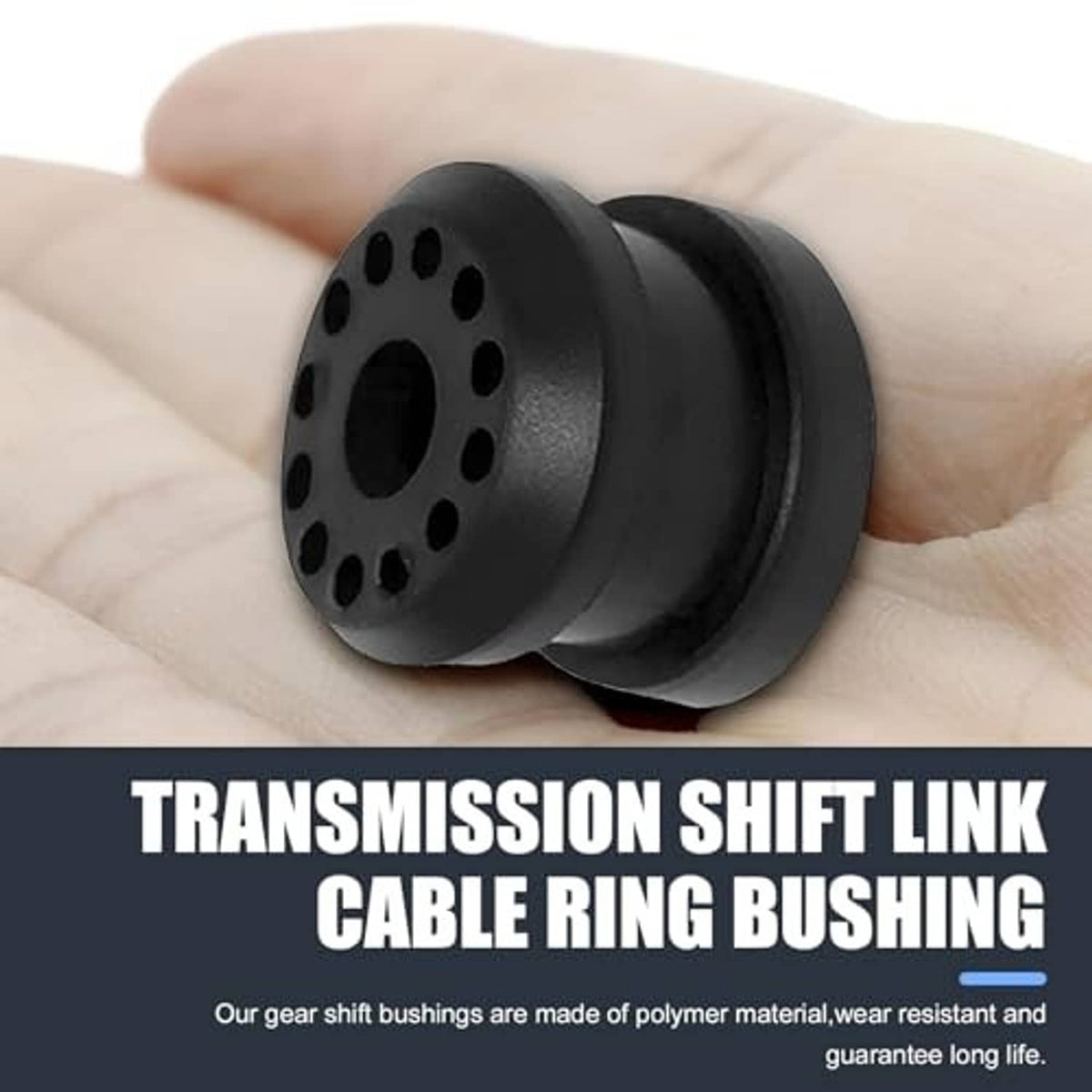 Black shifter linkage cable ring bushing held in hand, round with side lip and holes
