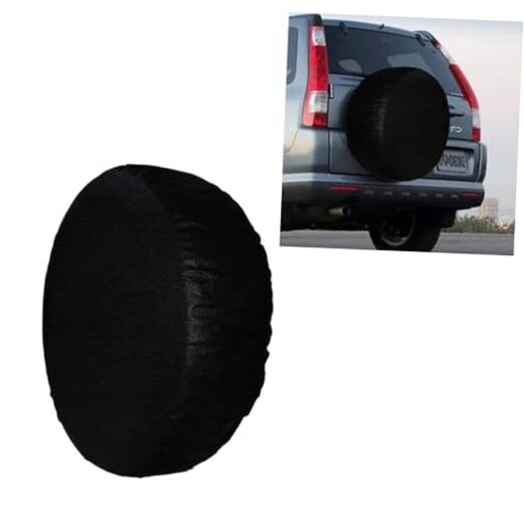 Black spare tire cover with textured fabric, rounded shape
