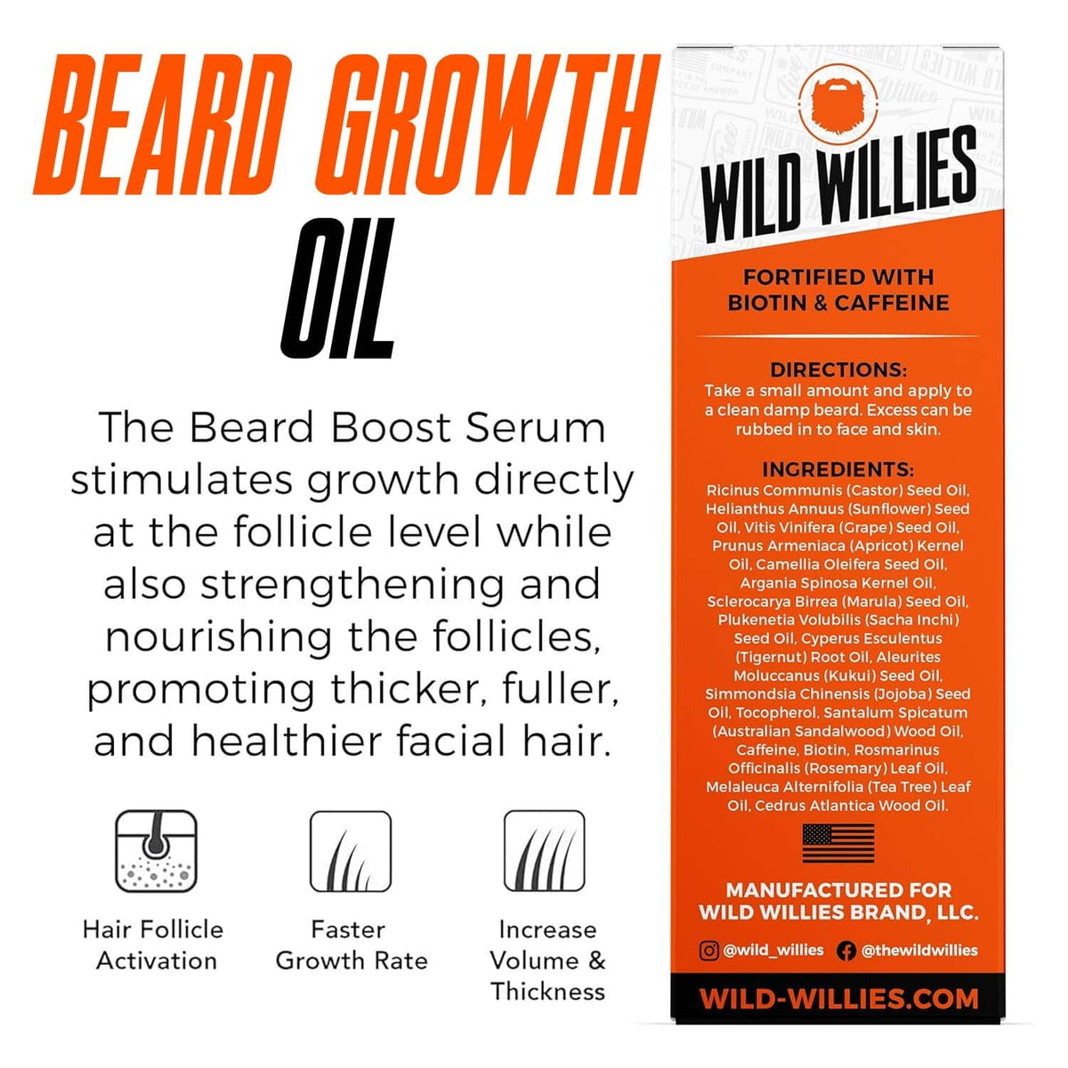 Beard boost serum box showing directions and ingredients, orange and white package design