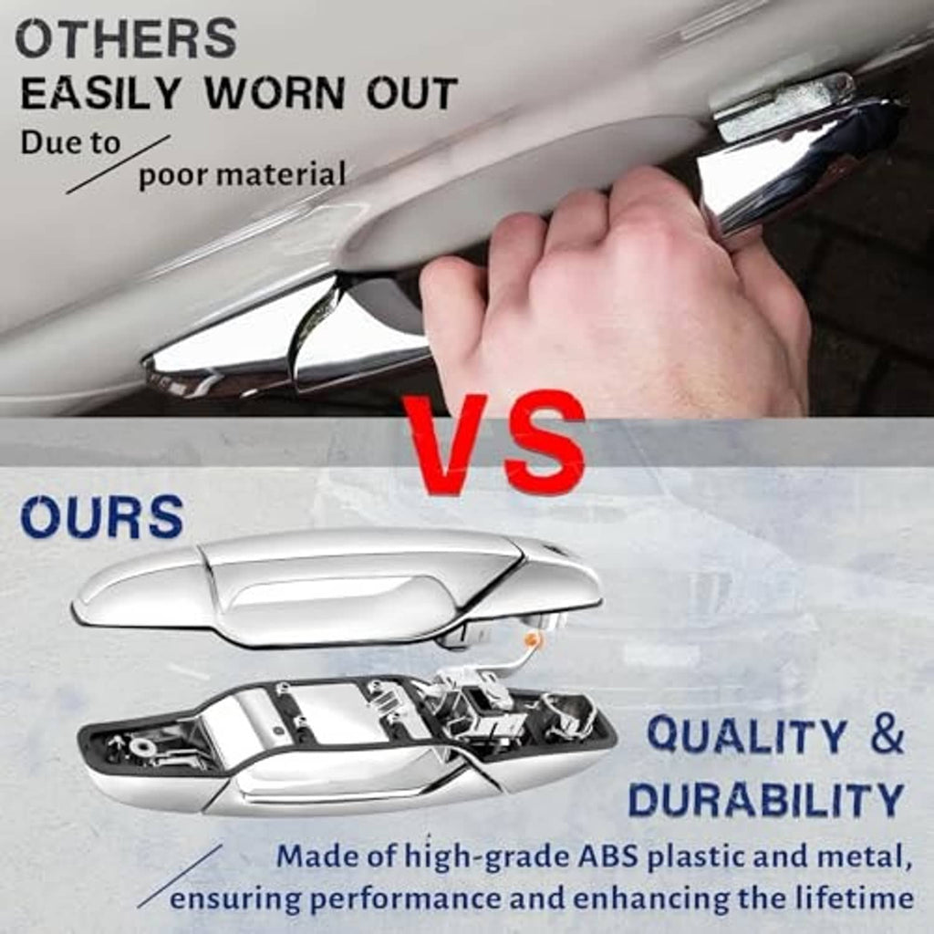 Comparison graphic featuring a chrome door handle and an installed door handle