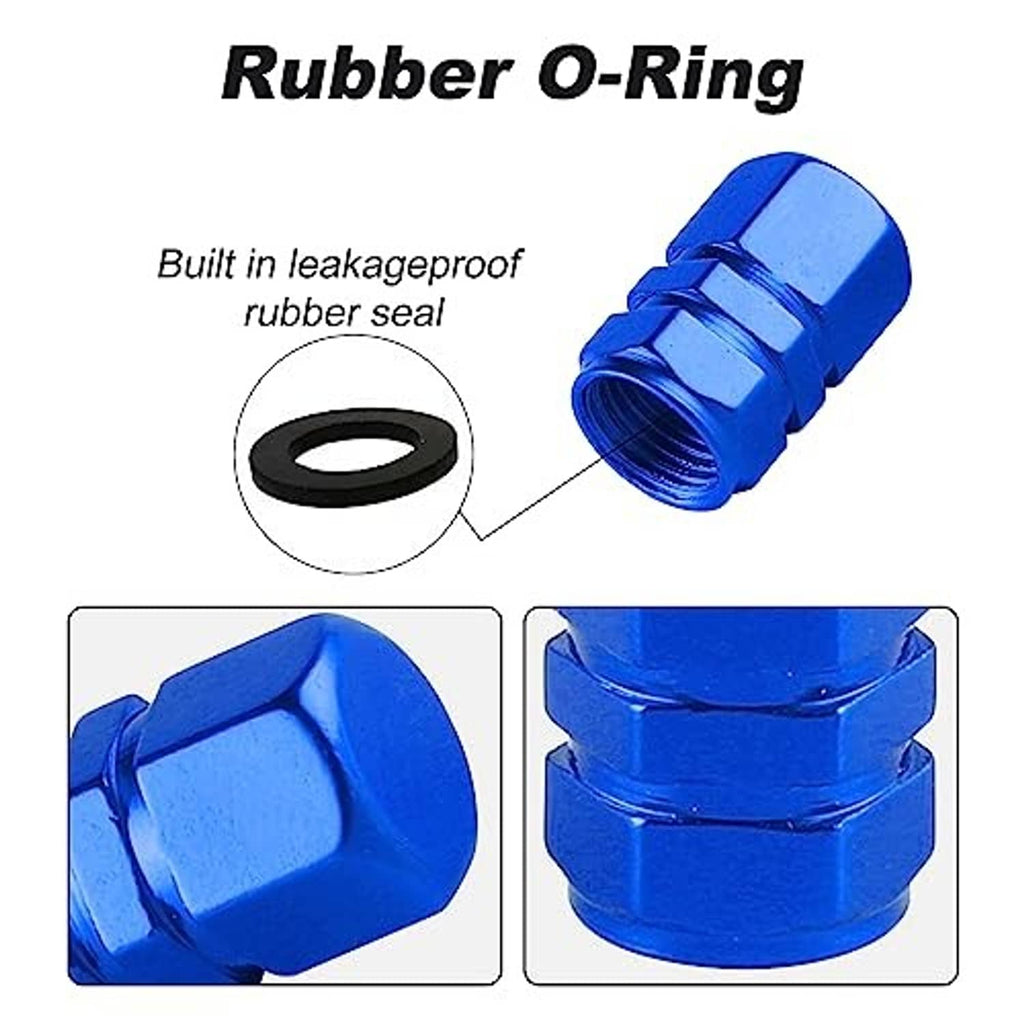 Blue aluminum tire valve cap with rubber O-ring seal and threaded valve opening.