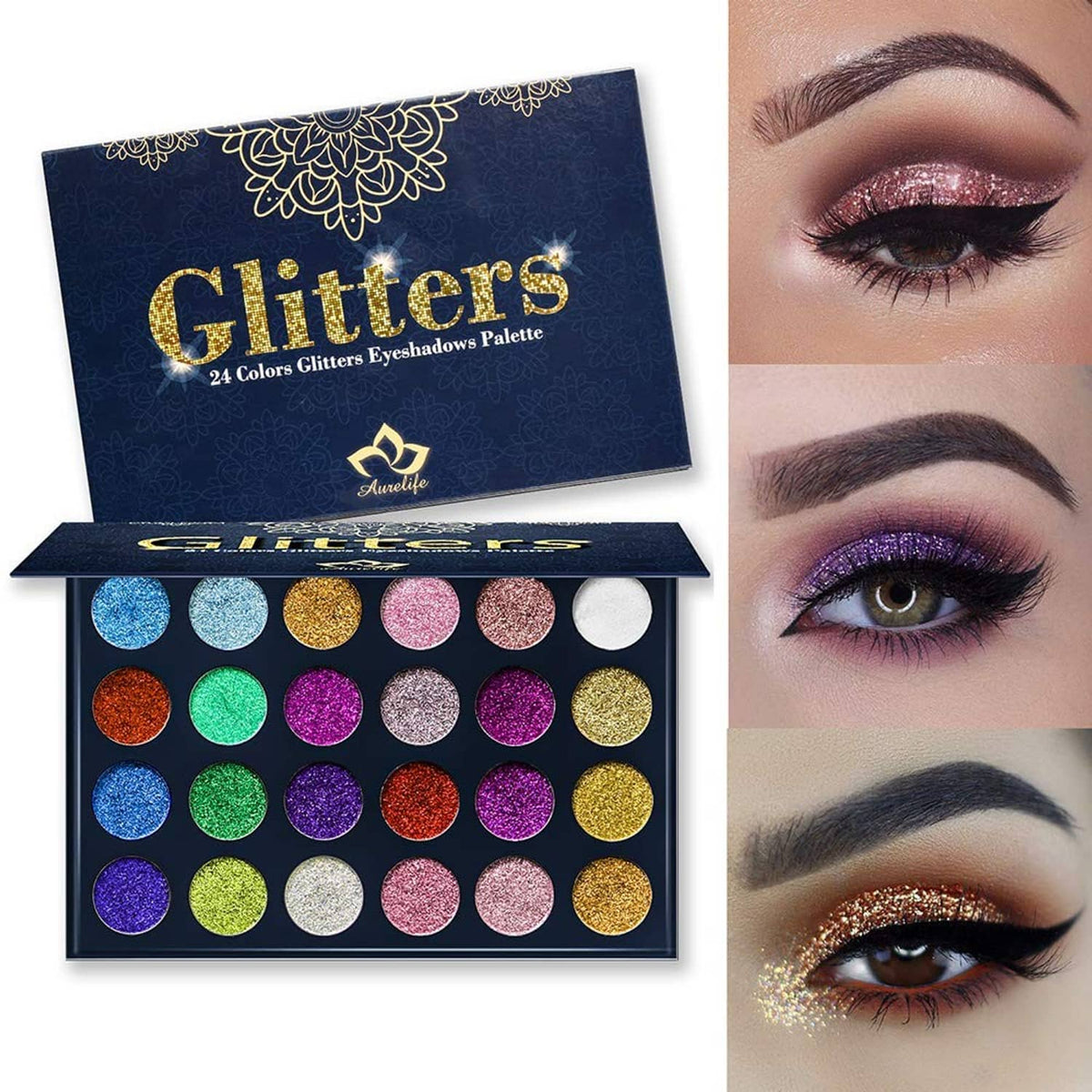 Pressed glitter eyeshadow palette and glittery eye looks in multicolor shades