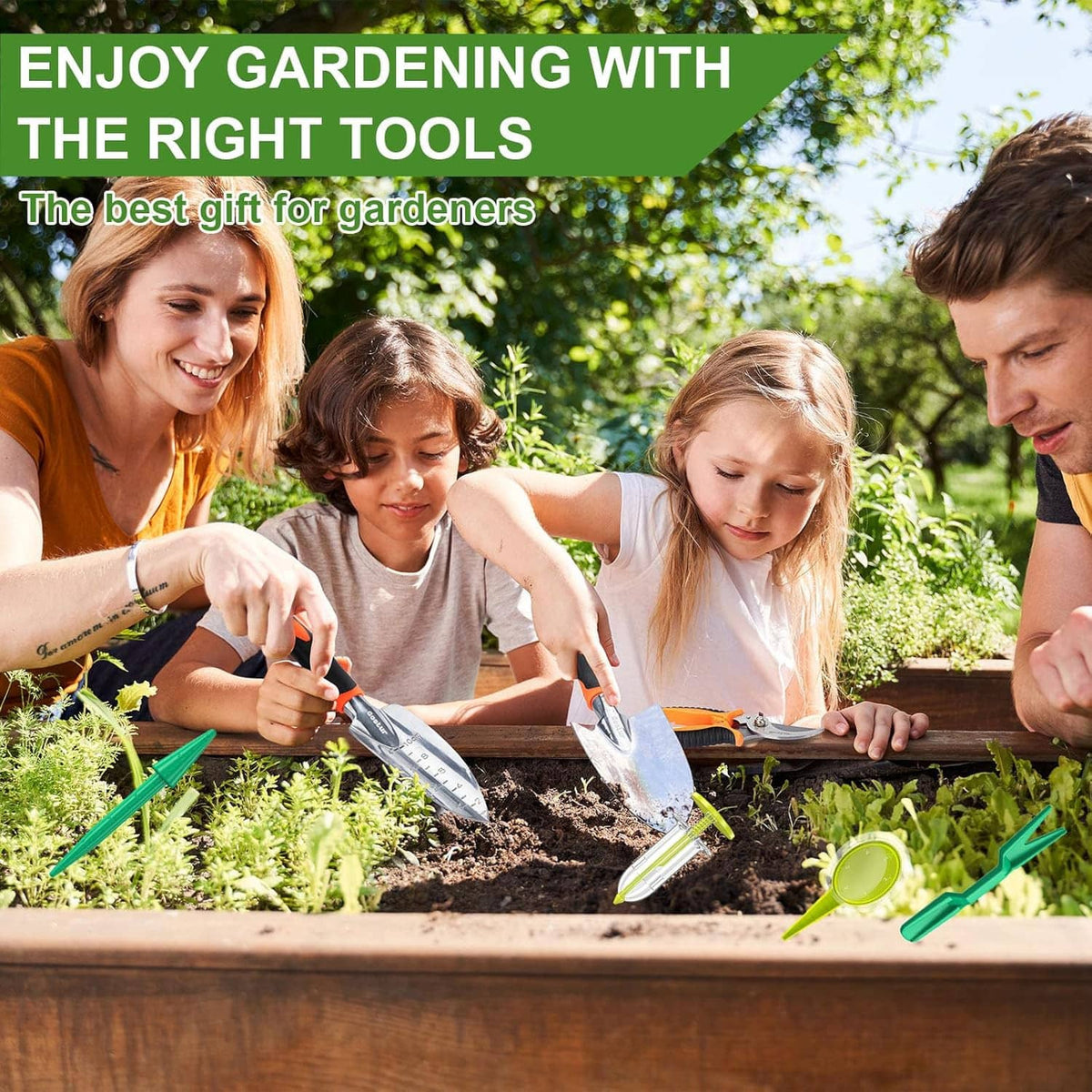 People gardening using handheld seed dispensers to sow seeds into soil