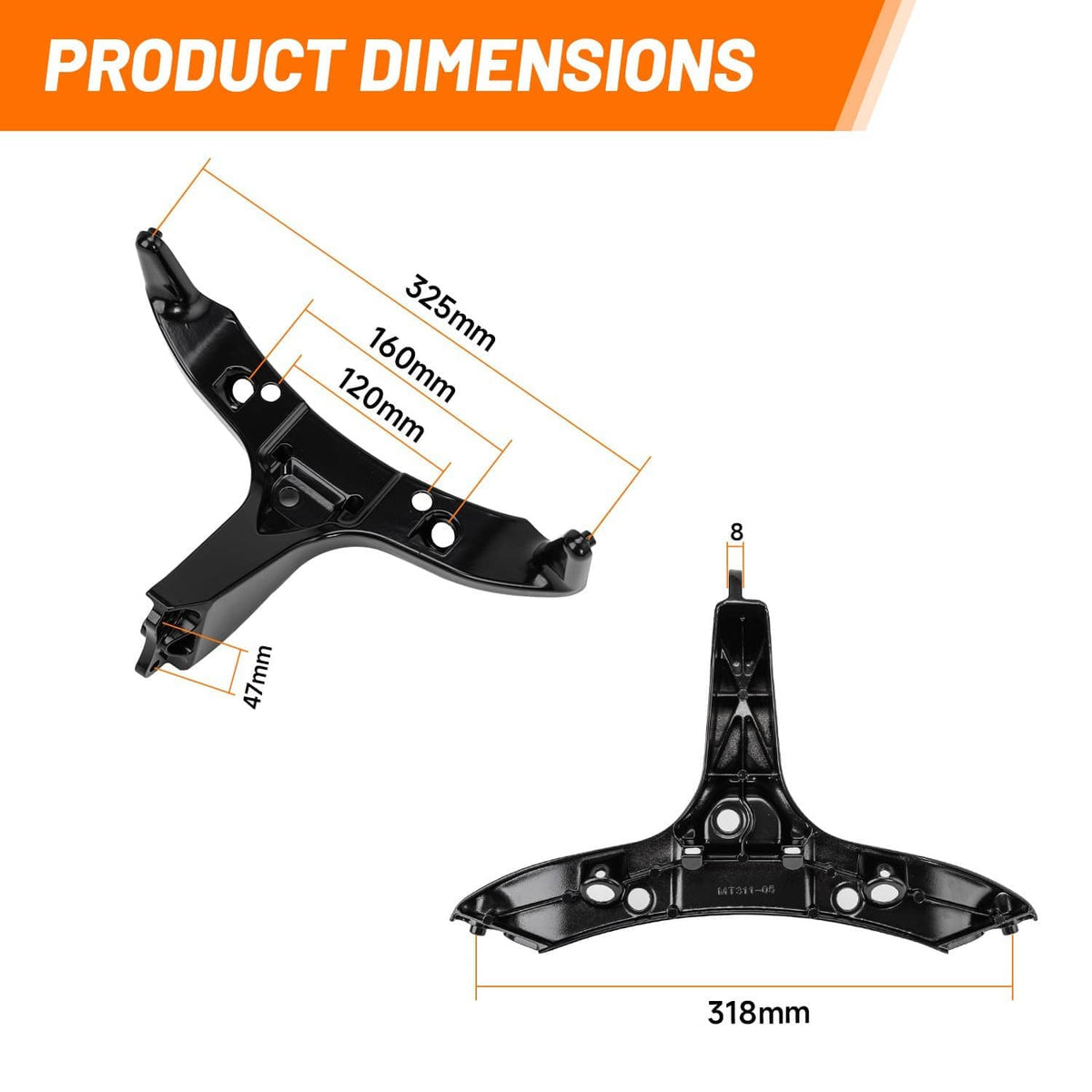 Black front fairing stay bracket with labeled dimensions and mounting holes