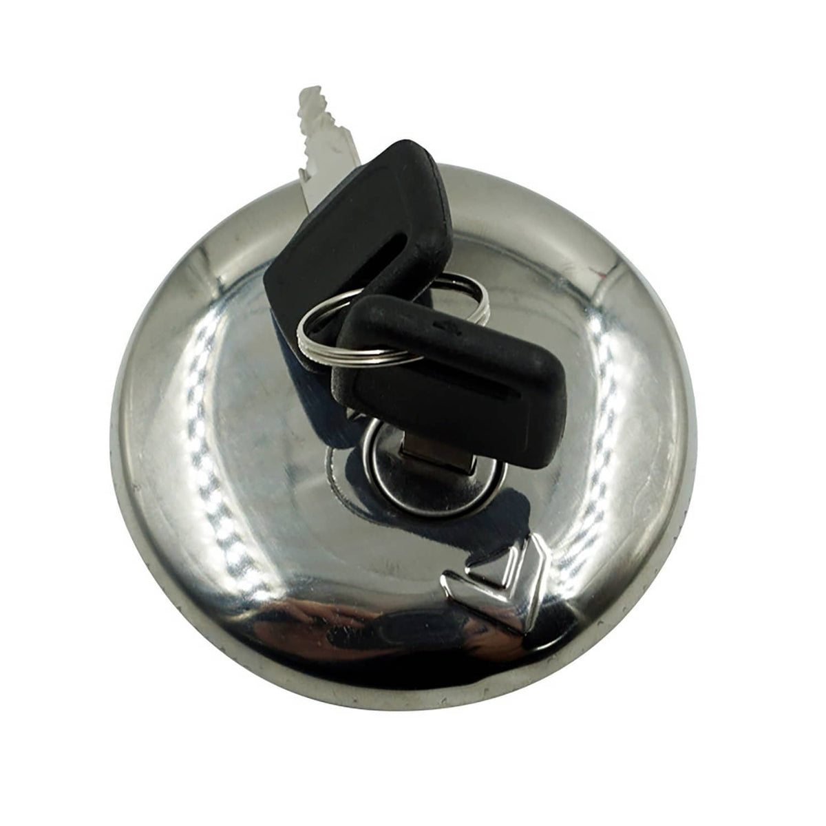 Silver fuel tank lock cap with black key housing and keyring keys