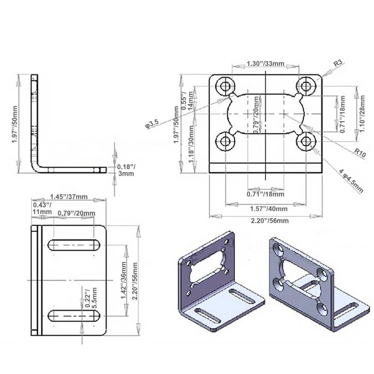 Mounting bracket layout drawing with hole positions and dimensions