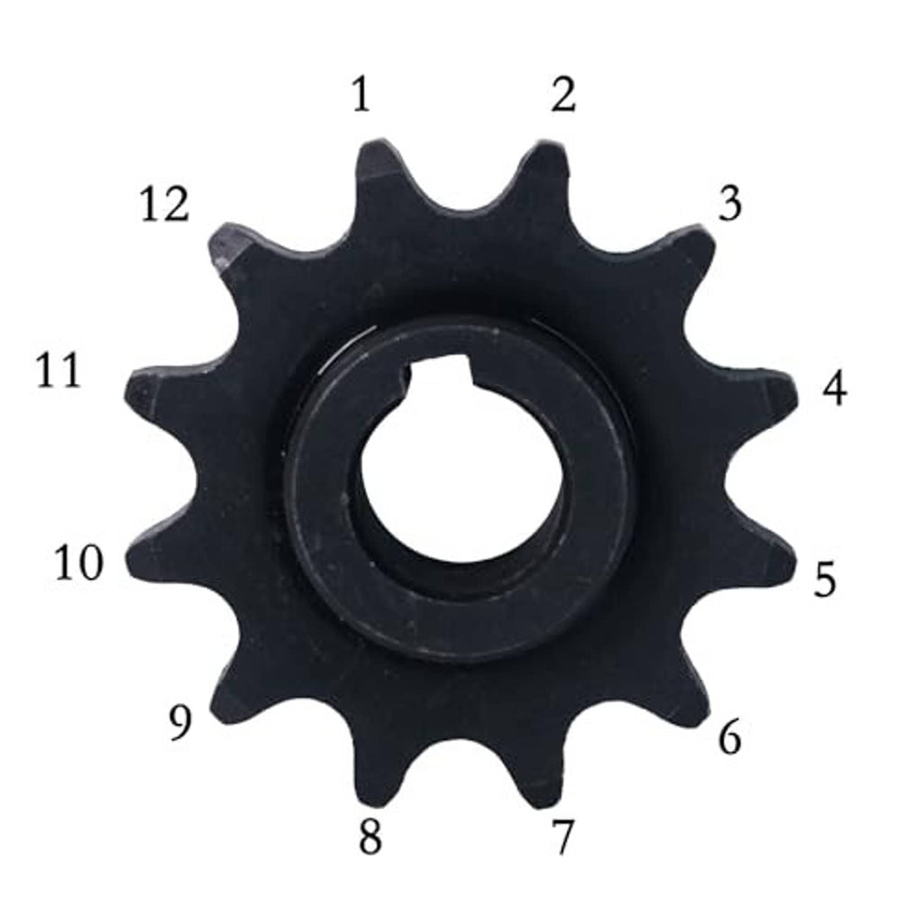 Black 12-tooth sprocket with center bore, tooth profile shown with numbered callouts.