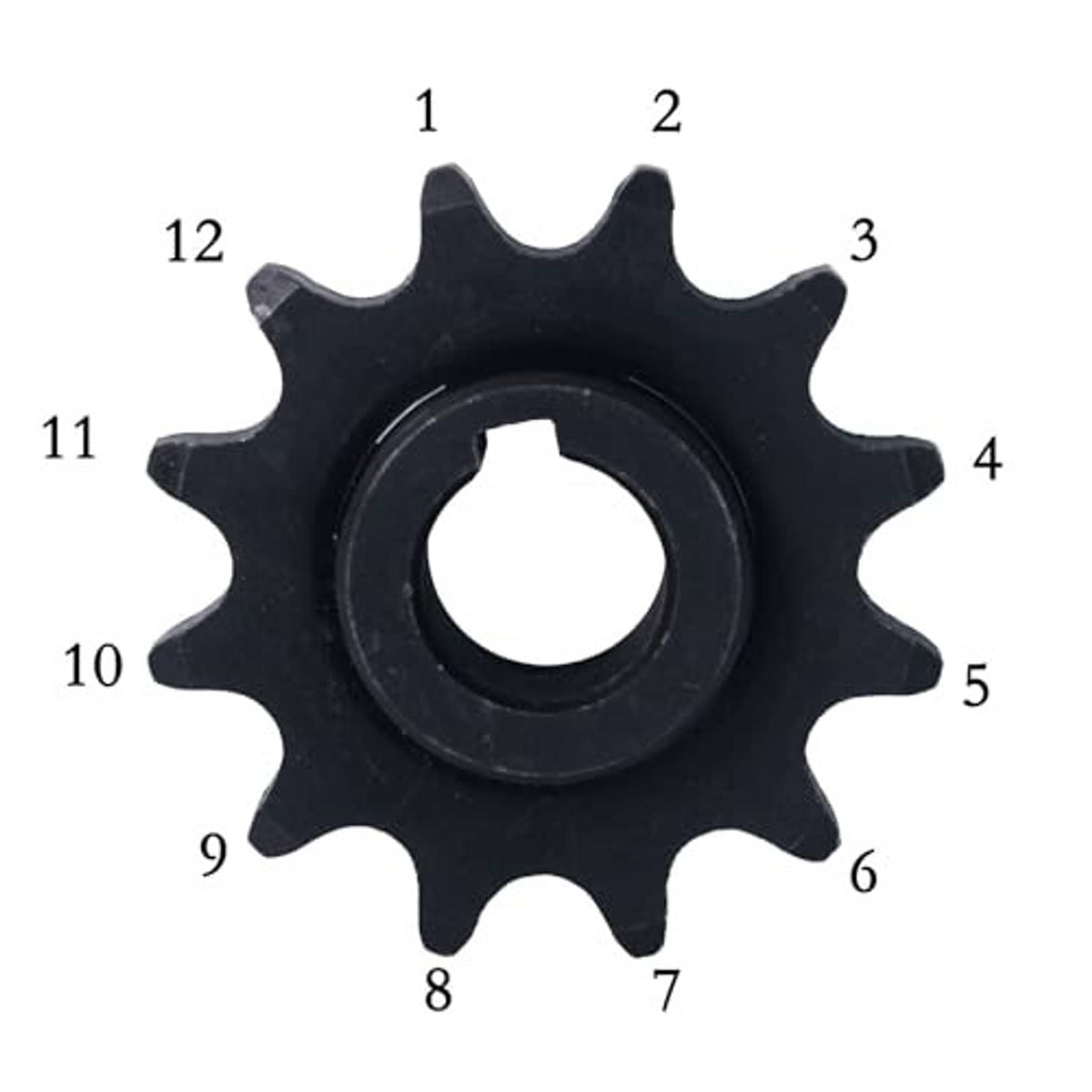 Black 12-tooth sprocket with center bore, tooth profile shown with numbered callouts.