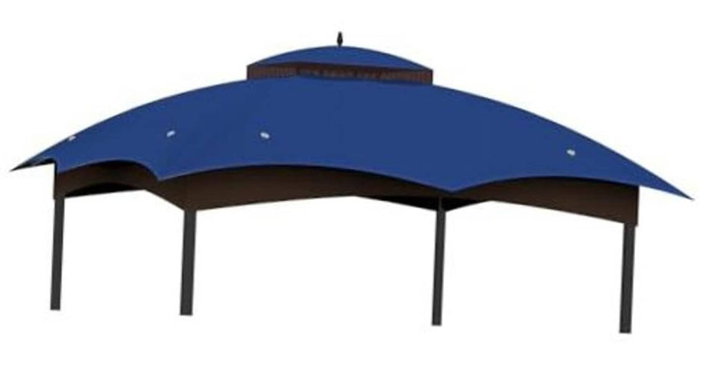 Blue gazebo canopy top cover with brown valance and four support posts