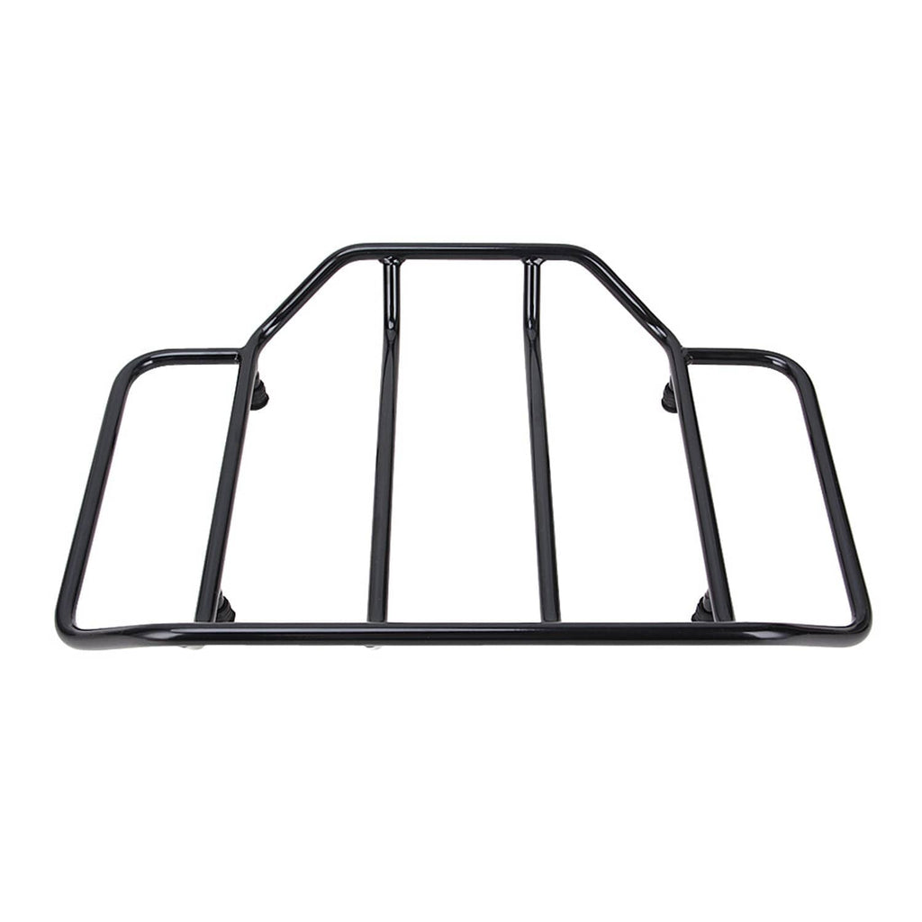 Black tubular luggage rack with curved outer rails and five vertical support panels.