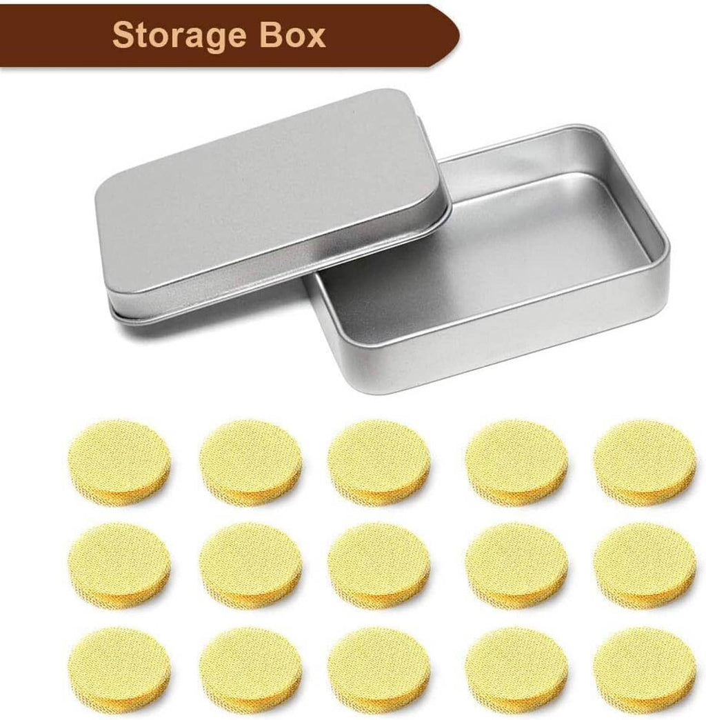 Brass pipe screen discs in open metal storage tin, multiple gold mesh circles