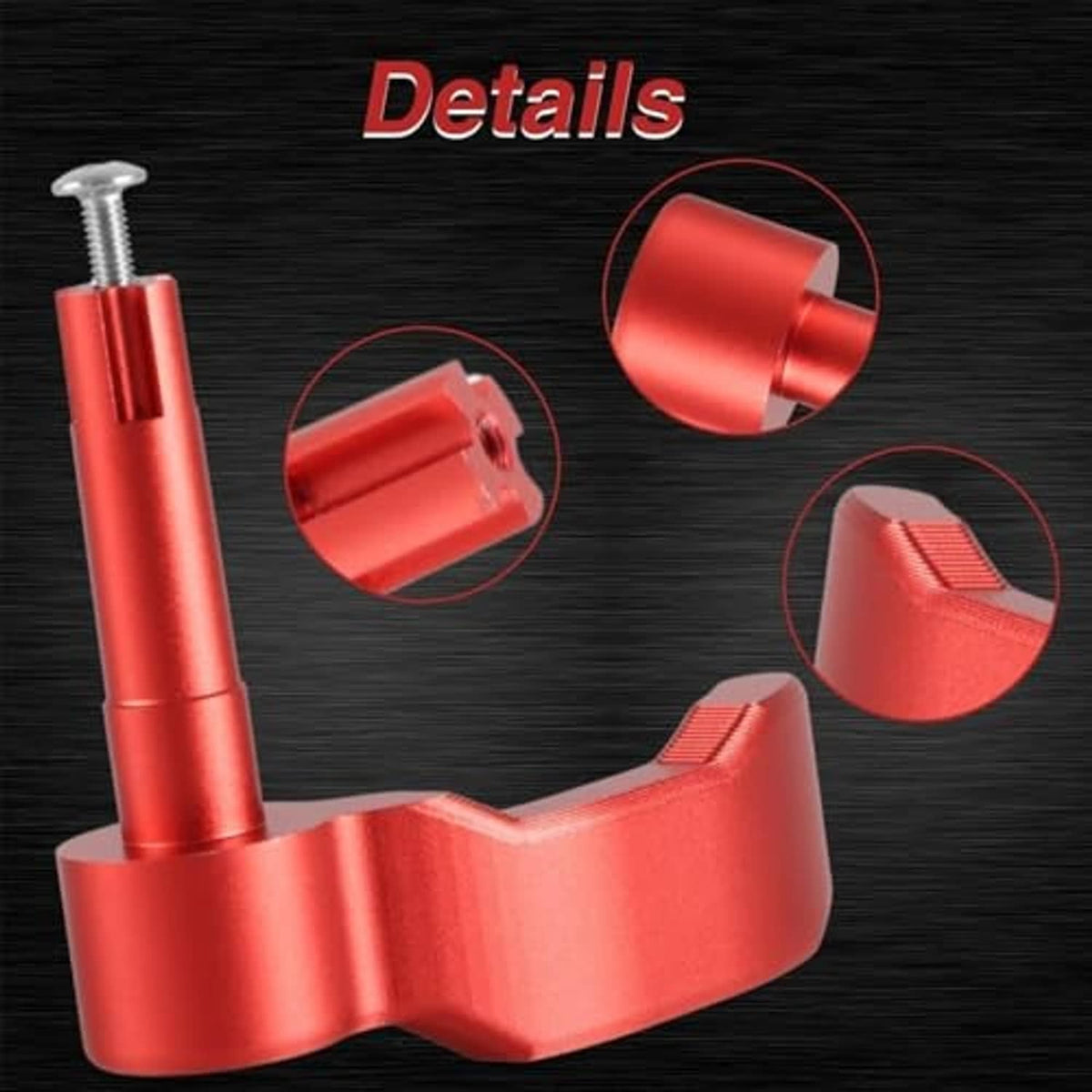 Red aluminum thumb throttle lever with close-up detail of grip texture