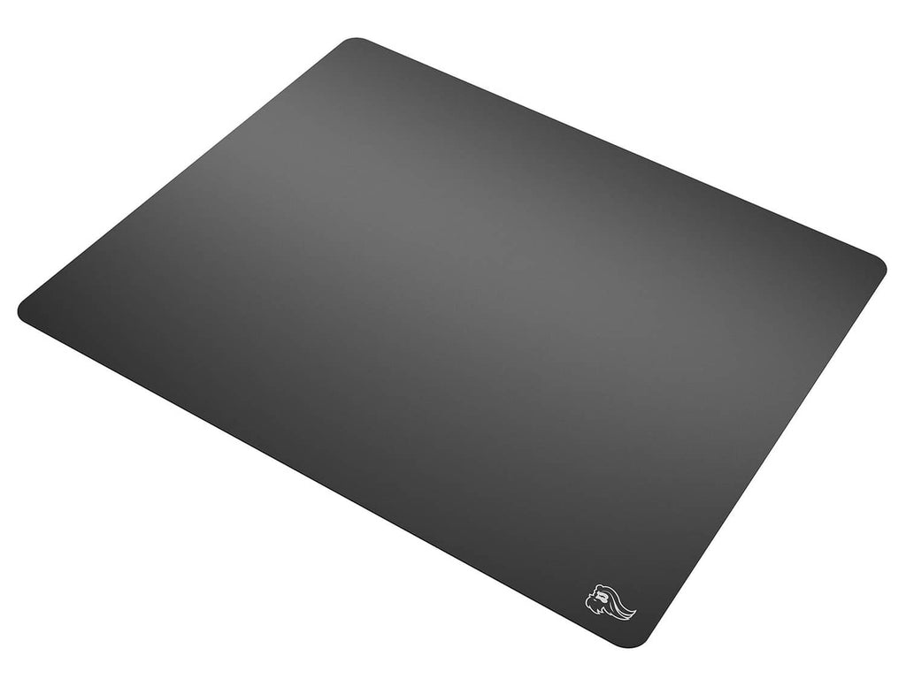 Black ultra-thin hard mouse pad, angled top view with small logo near lower corner