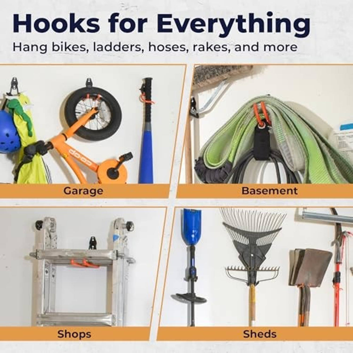 Black utility hooks for garage and basement storage, holding bikes and tools