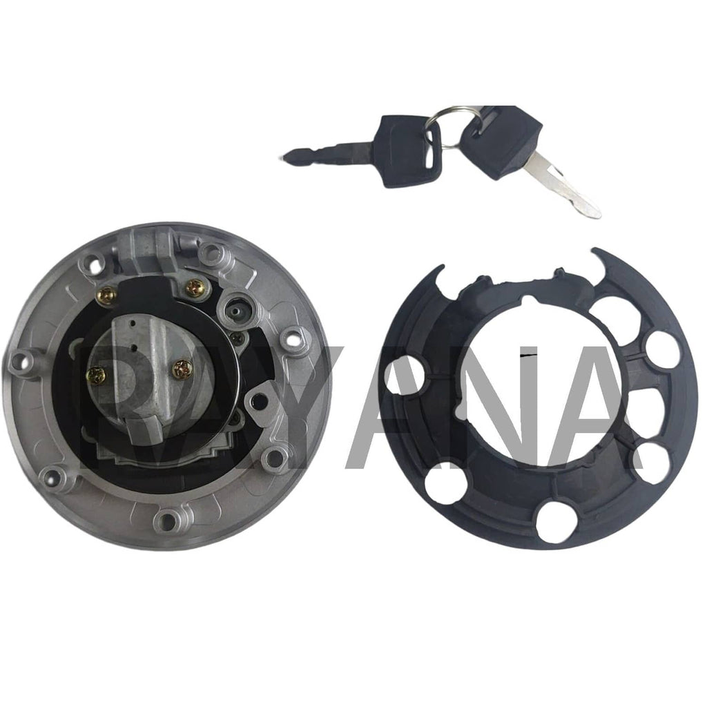 Fuel gas tank cap set with keys, metal cover, and black mounting gasket ring
