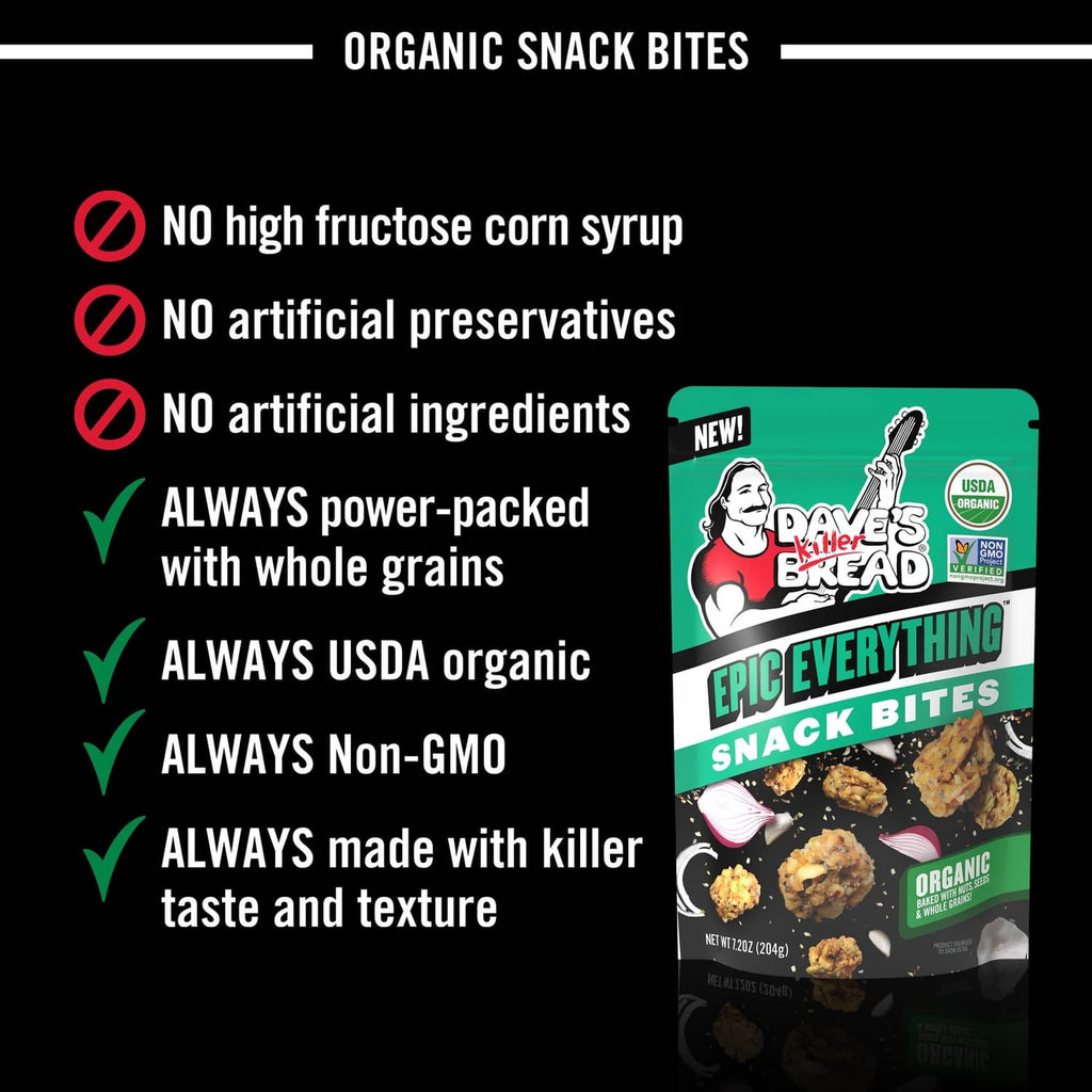 Dave's Killer Bread Epic Everything Snack Bites pouch with quality promise checkmarks