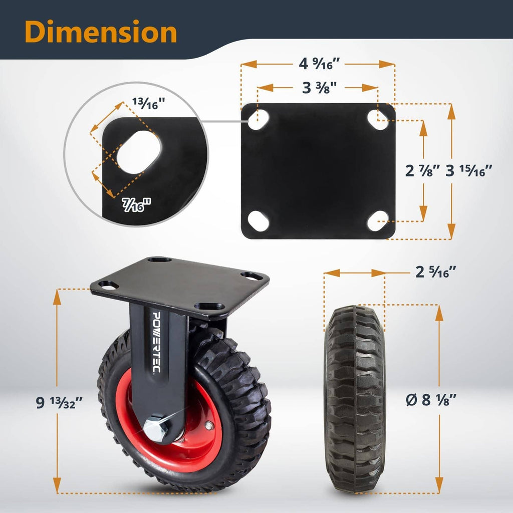 Fixed plate caster wheel with mounting holes, black frame and red treaded wheel