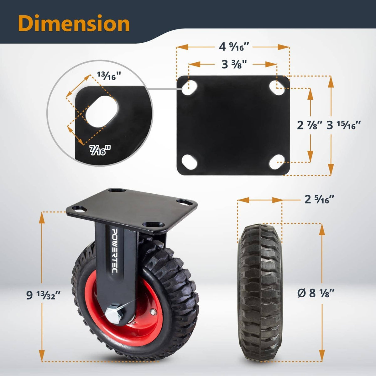 Fixed plate caster wheel with mounting holes, black frame and red treaded wheel