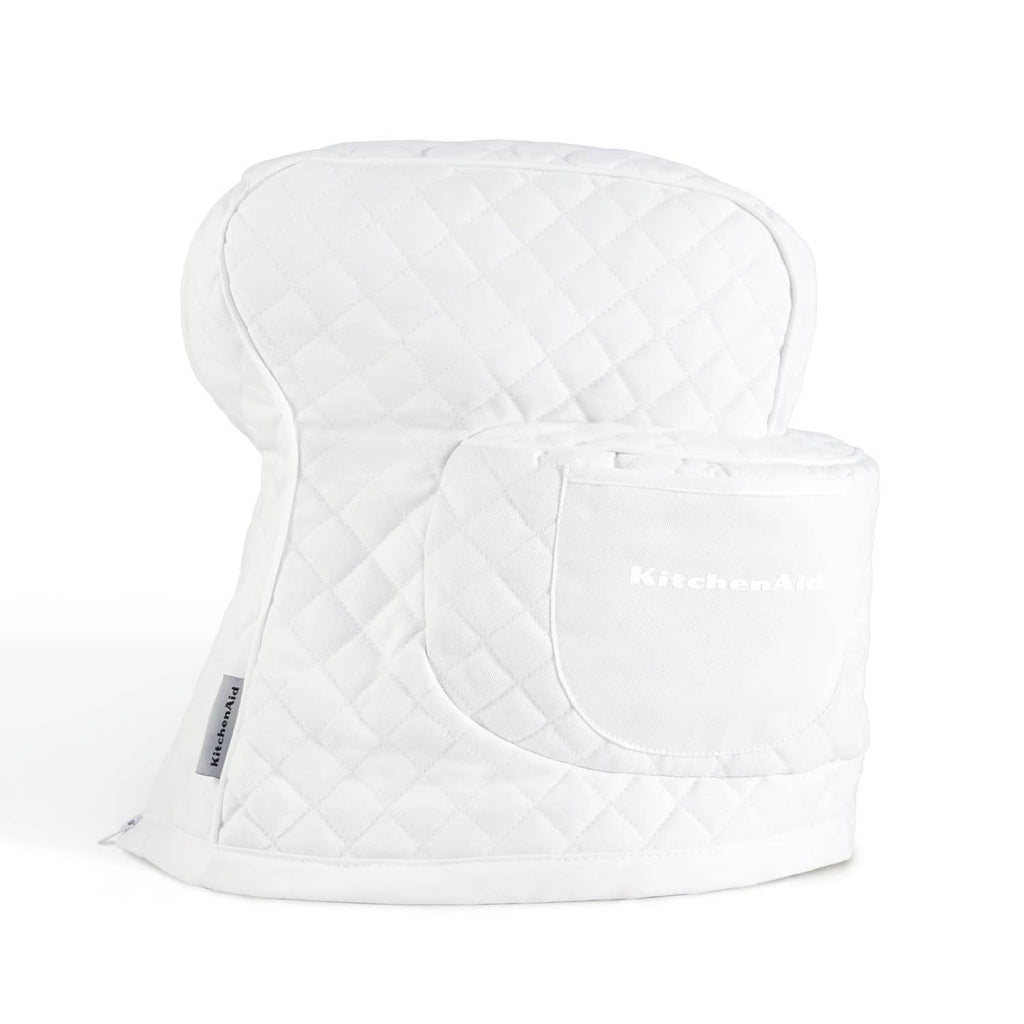 White quilted fitted tilt-head stand mixer cover with pocket