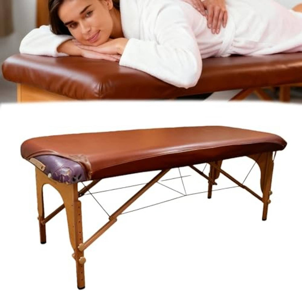 Brown massage table cover in PU vinyl, smooth fitted top with corner tuck