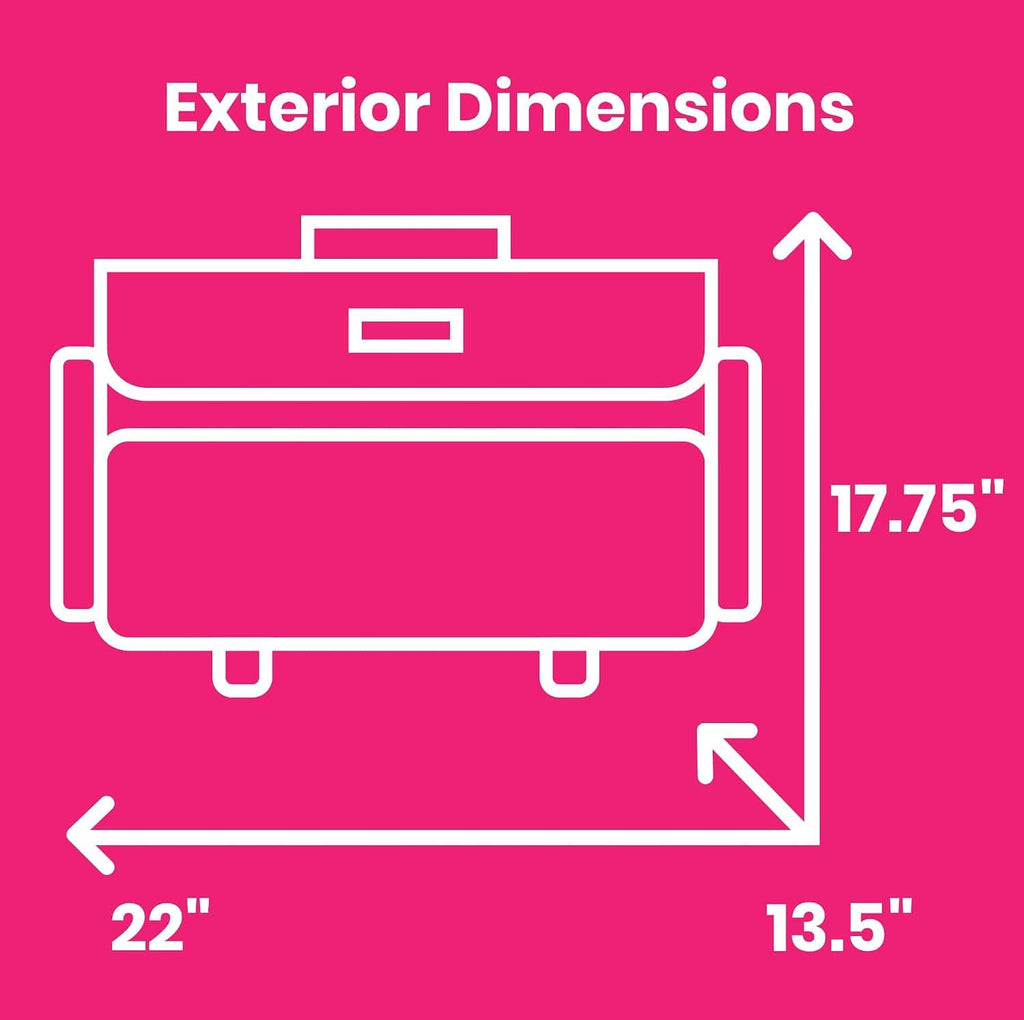 Exterior dimensions diagram for sewing machine storage case, 22 in x 17.75 in