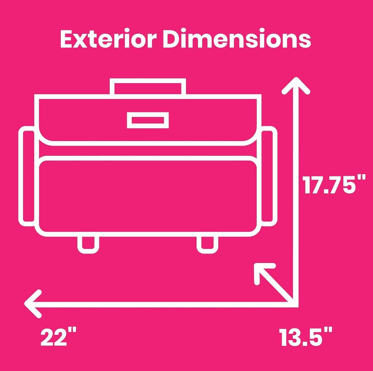 Exterior dimensions diagram for sewing machine storage case, 22 in x 17.75 in