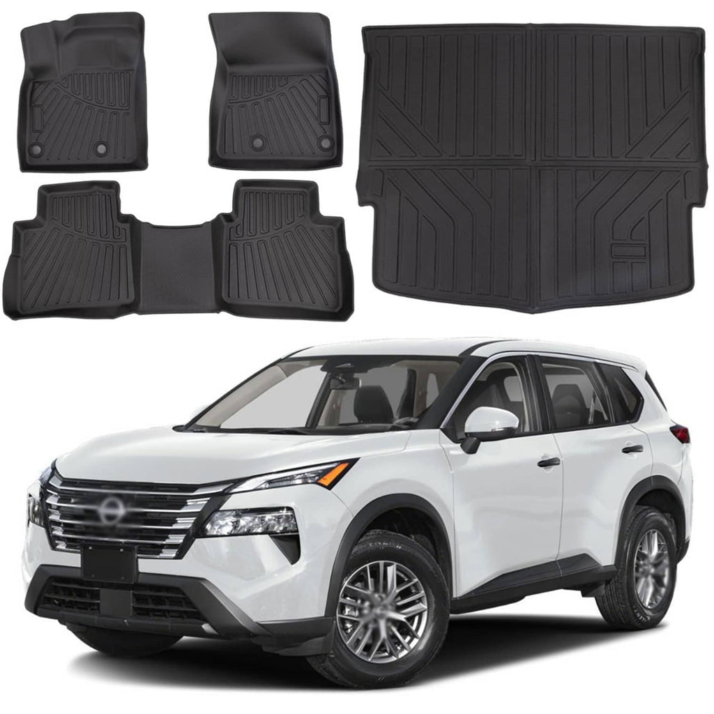 Black TPE floor mat set and large cargo liner tray with molded channels