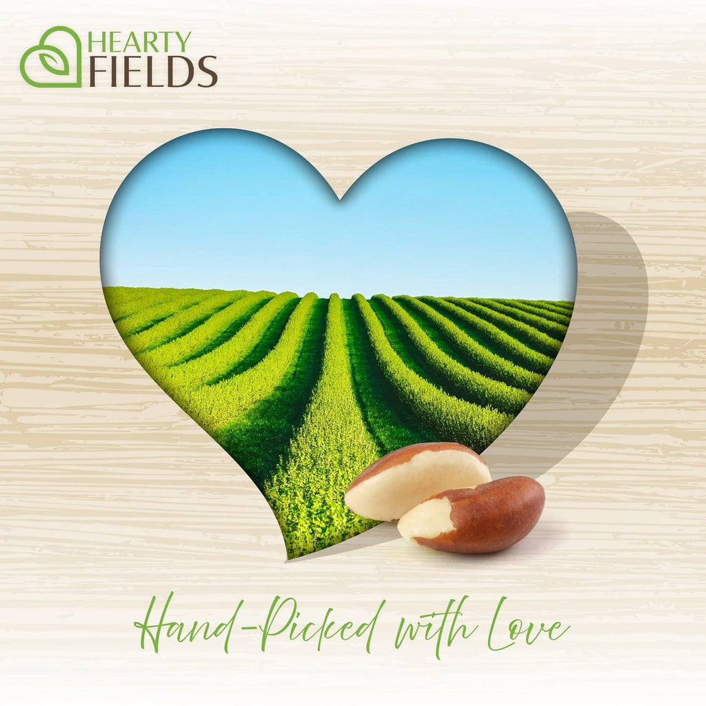 Hearty Fields heart graphic with brazil nut illustration and green field background