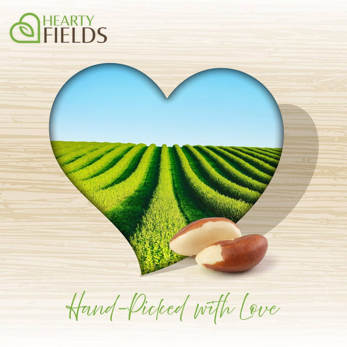 Hearty Fields heart graphic with brazil nut illustration and green field background