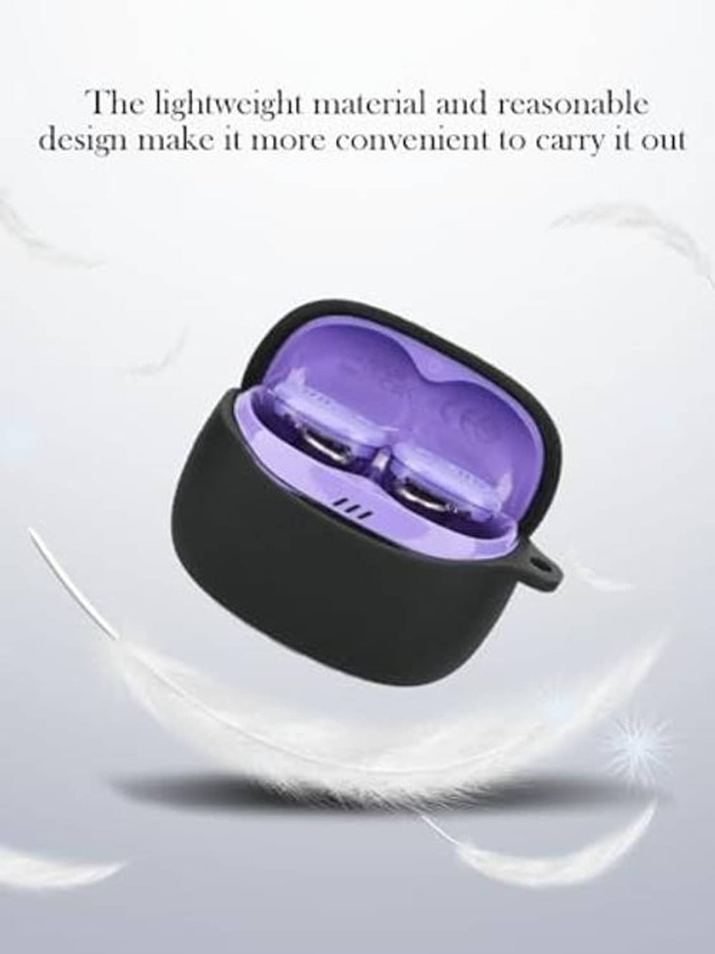 Black earbud charging case with purple interior and short side handle