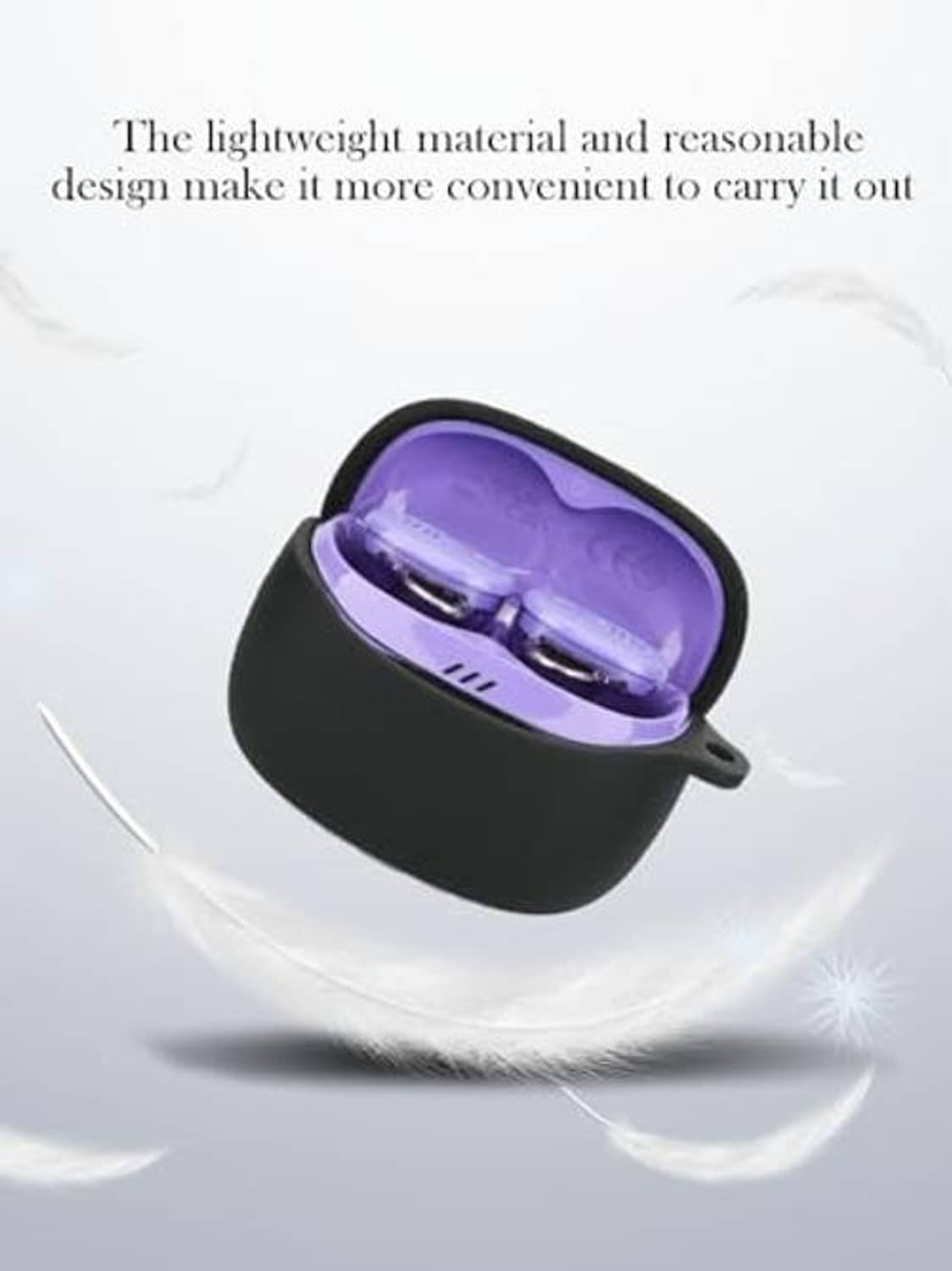 Black earbud charging case with purple interior and short side handle