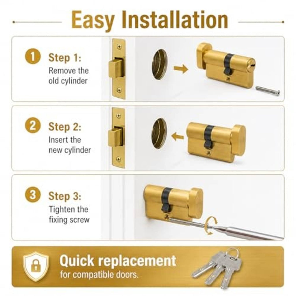Brass euro lock cylinder with black thumbturn shown with installation steps and keys