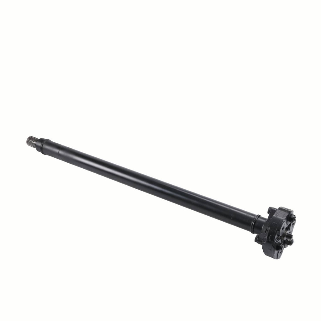 Front drive shaft with splined stub and U-joint yoke, black metal
