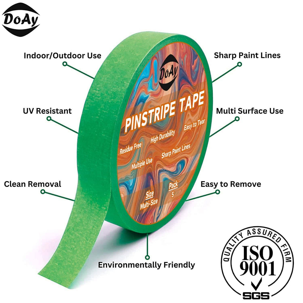 Green pinstripe tape roll for sharp paint lines on multiple surfaces