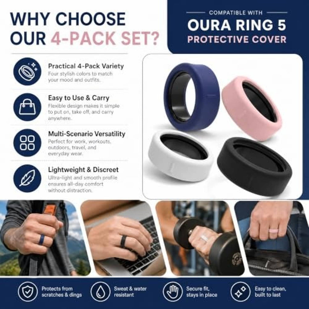 Four silicone ring covers in blue, pink, white, and black displayed with hands