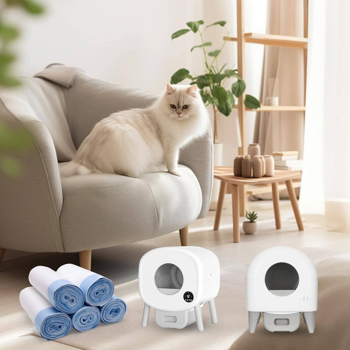 White cat litter box with blue liner rolls on the floor near a white cat
