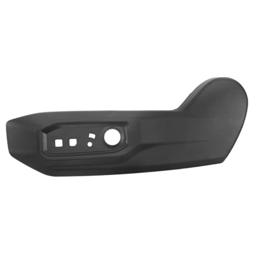 Driver side seat panel trim cover in dark matte finish with inset control cutouts and round hole