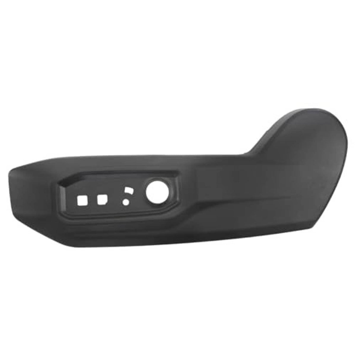 Driver side seat panel trim cover in dark matte finish with inset control cutouts and round hole