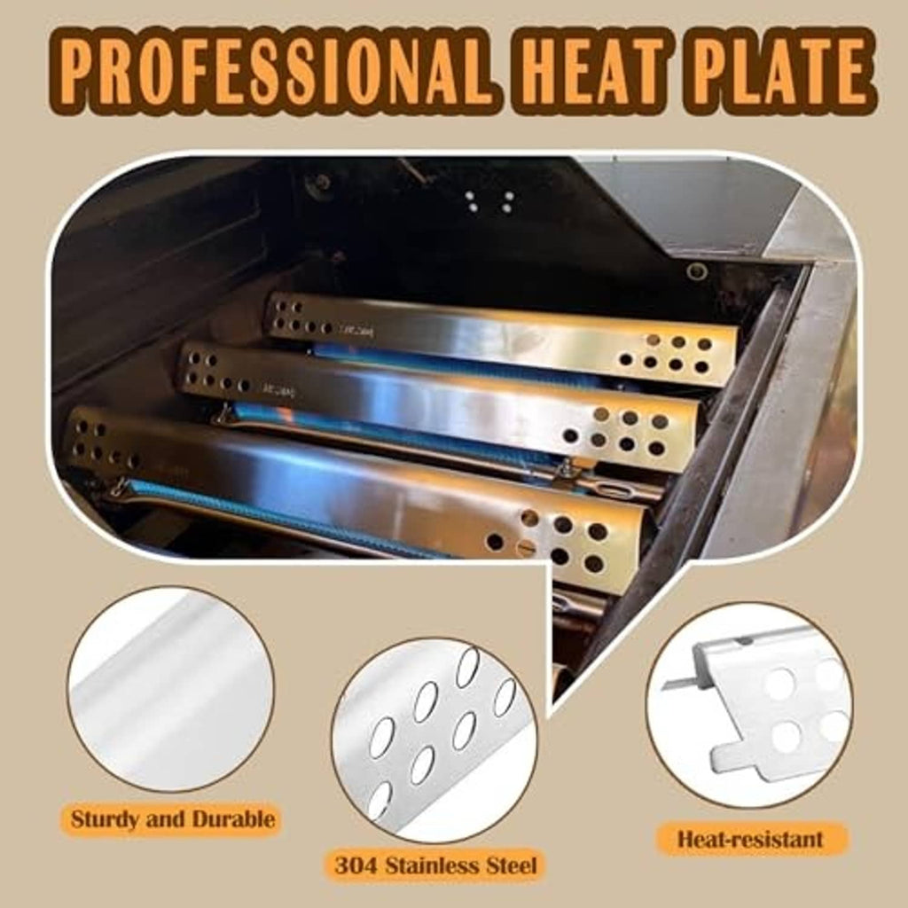 Stainless steel heat plates with perforations inside a grill burner box