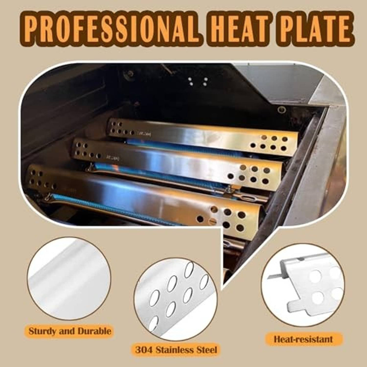 Stainless steel heat plates with perforations inside a grill burner box