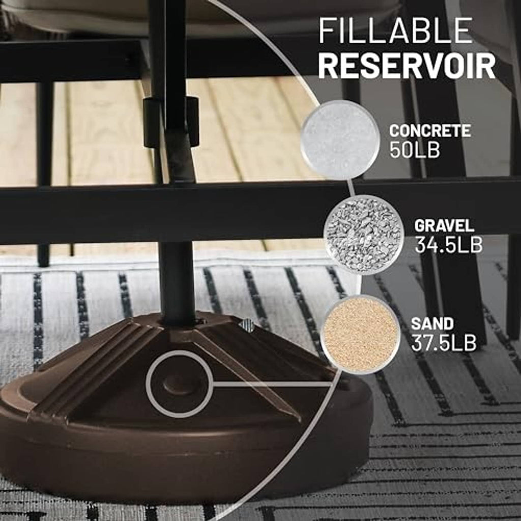 Brown fillable umbrella base with reservoir opening for concrete, gravel, or sand