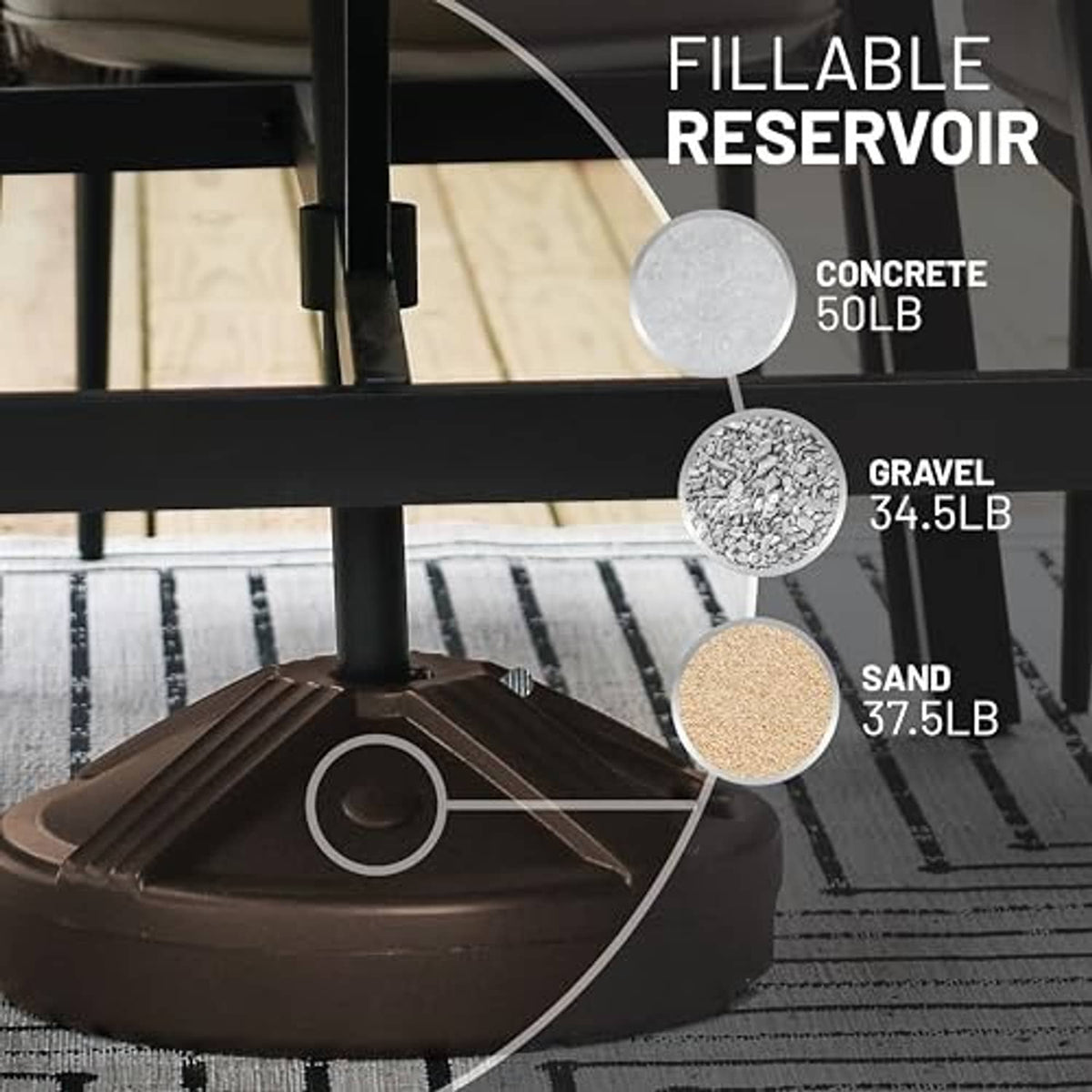 Brown fillable umbrella base with reservoir opening for concrete, gravel, or sand