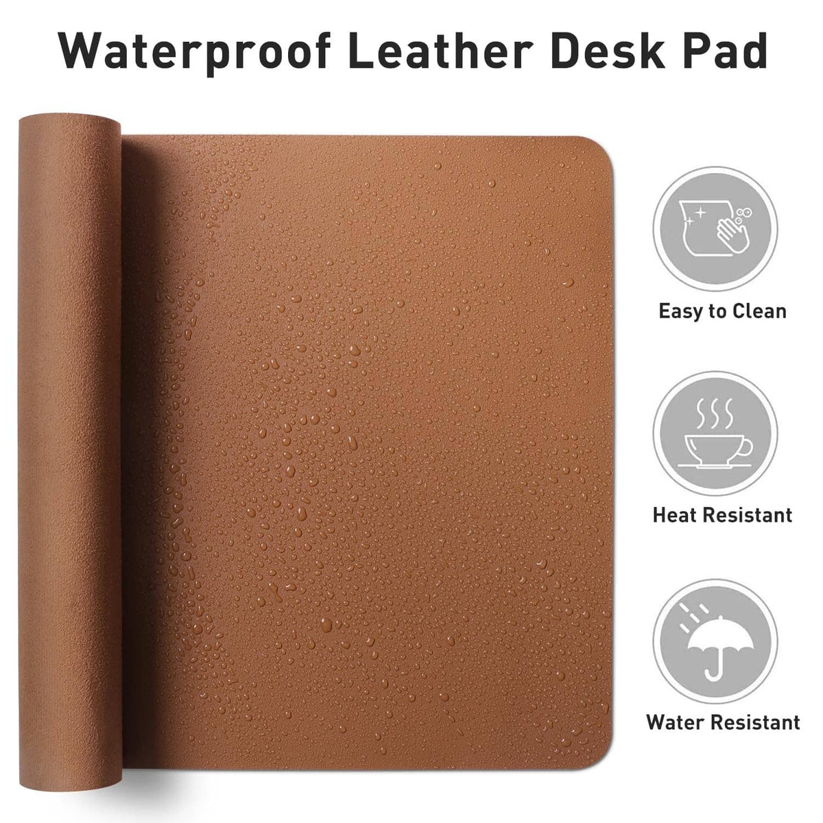 Brown waterproof-style desk pad protector with textured surface and rolled edge