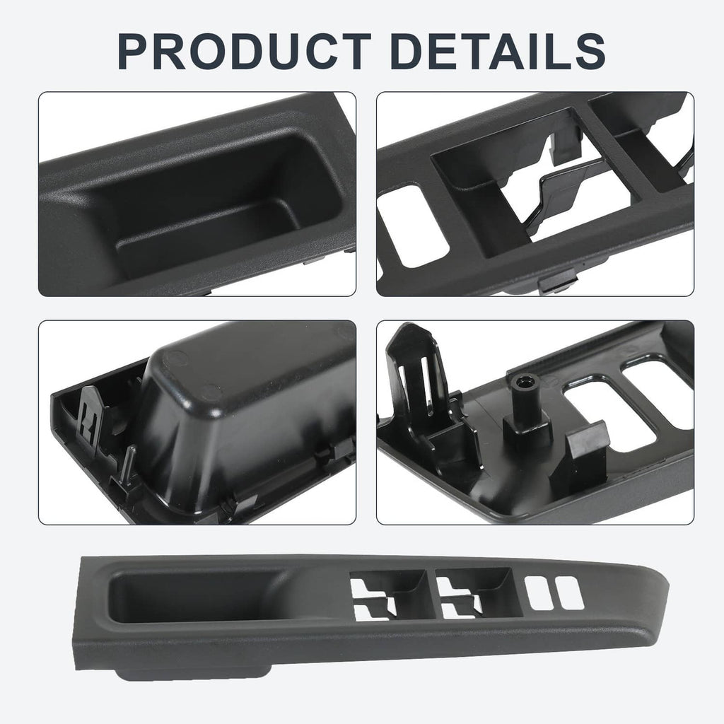 Window switch bezel trim cover with detailed cutouts and mounting points, dark gray.